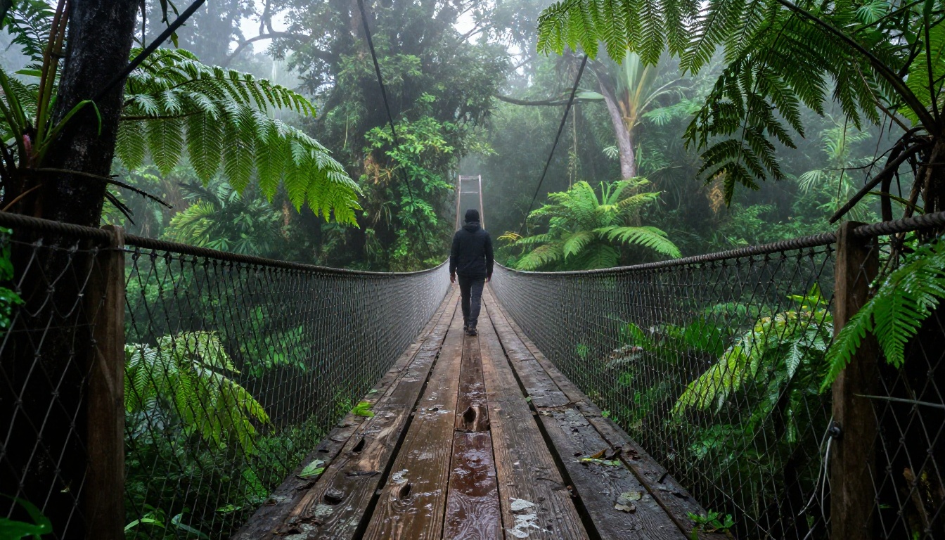 Low-angle wide shot of suspension bridge in misty rainforest, hiker silhouetted at center, dewdrops on fern fronds in foreground Low-angle wide shot of suspension bridge in misty rainforest, hiker silhouetted at center, dewdrops on fern fronds in foreground