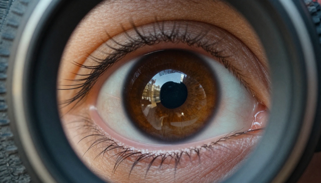 Extreme close-up of film director's eye through viewfinder, amber iris texture visible, city reflected in iris Extreme close-up of film director's eye through viewfinder, amber iris texture visible, city reflected in iris