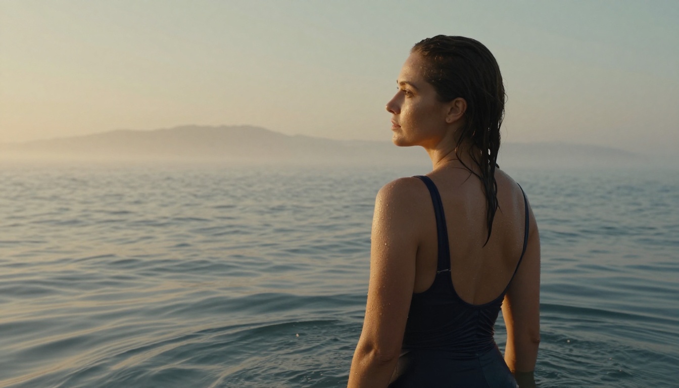 Woman at ocean sunrise, navy swimsuit, salt spray on shoulders
