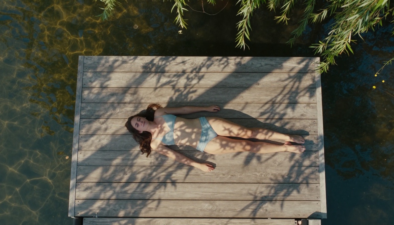 Bird's-eye aerial view of woman on wooden dock over mountain lake
