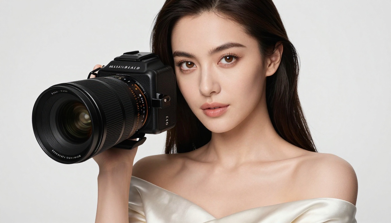 Studio glamour portrait with Rembrandt lighting, medium format detail