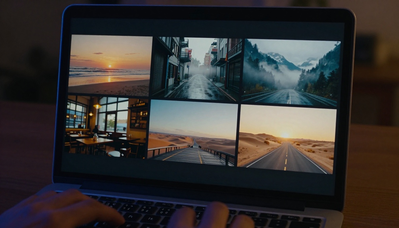 Laptop screen showing a grid of cinematic AI video thumbnails Laptop screen showing a grid of cinematic AI video thumbnails