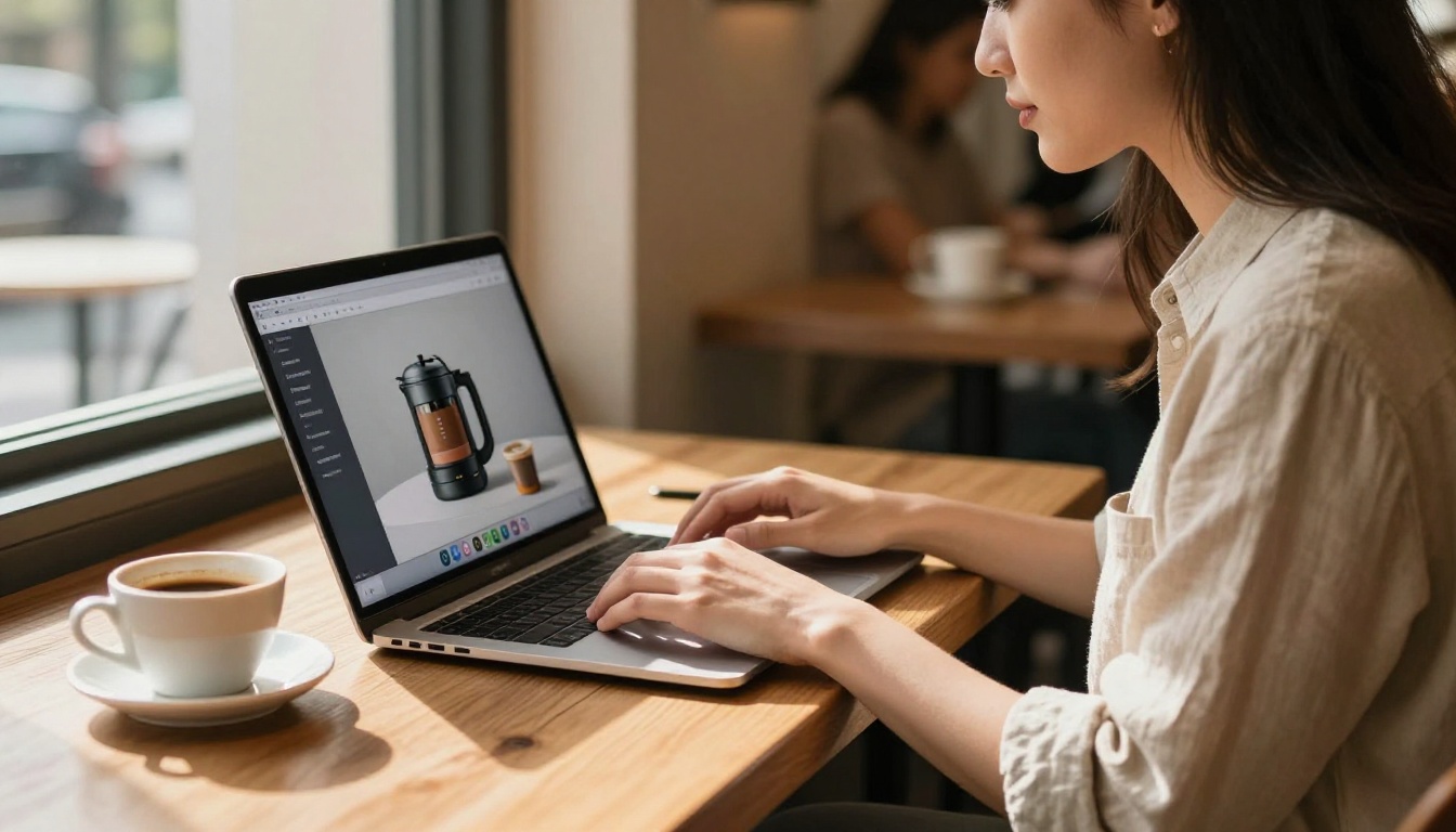 Woman using AI video generation platform in a cafe environment Woman using AI video generation platform in a cafe environment