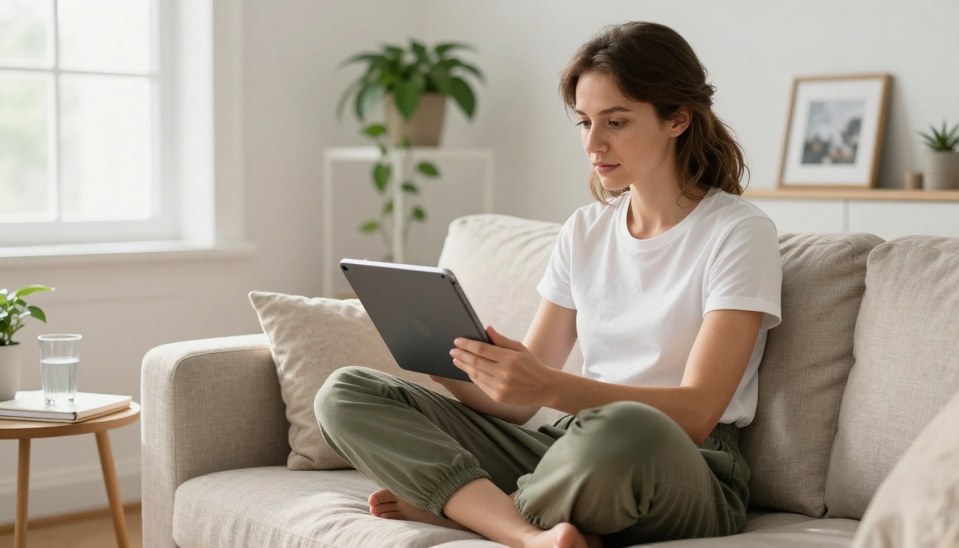 Woman reviewing AI video output on tablet Woman reviewing AI video output on tablet