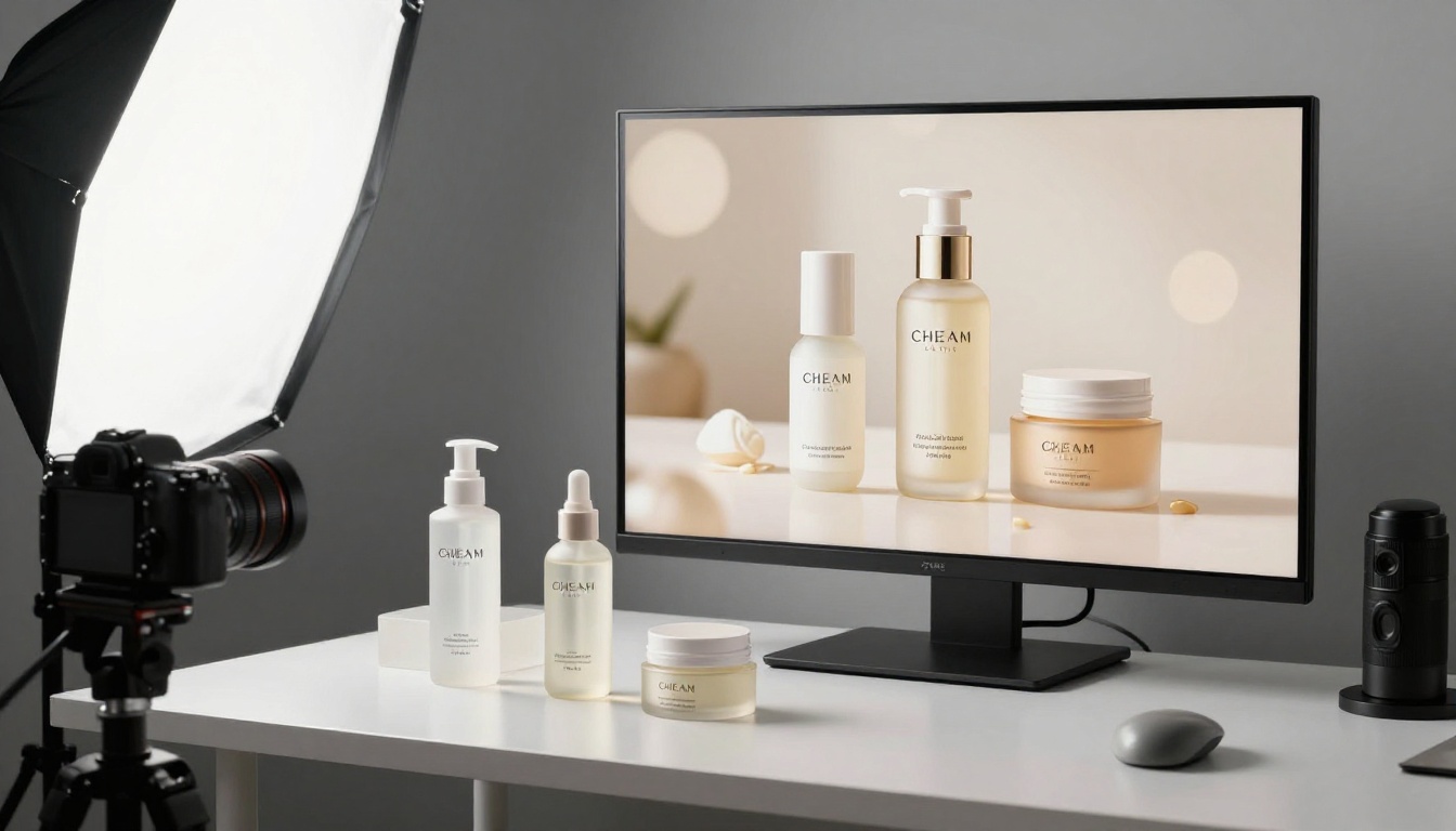 Professional product photography studio with AI-generated ad on screen Professional product photography studio with AI-generated ad on screen