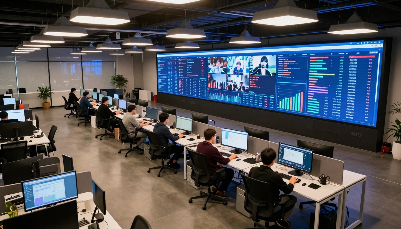 Marketing agency floor with campaign performance dashboards Marketing agency floor with campaign performance dashboards