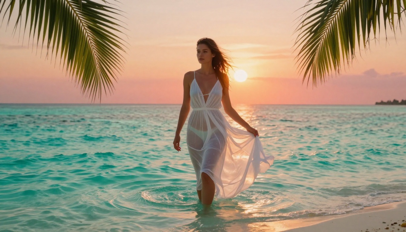 Beautiful woman in translucent white summer dress standing knee-deep in turquoise tropical lagoon at golden hour, wet fabric clinging naturally