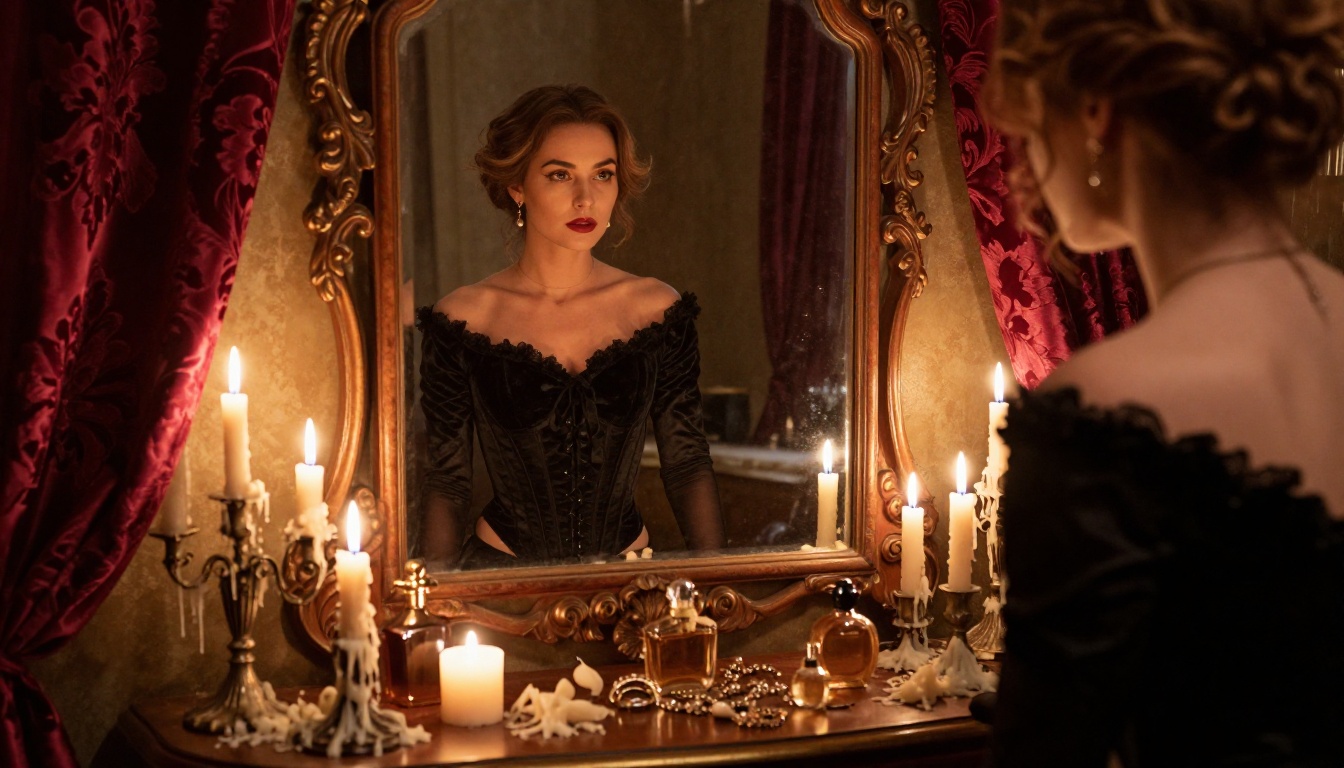 Beautiful woman in black velvet corset at antique vanity mirror in candlelit boudoir, dozens of candles reflected in age-spotted glass