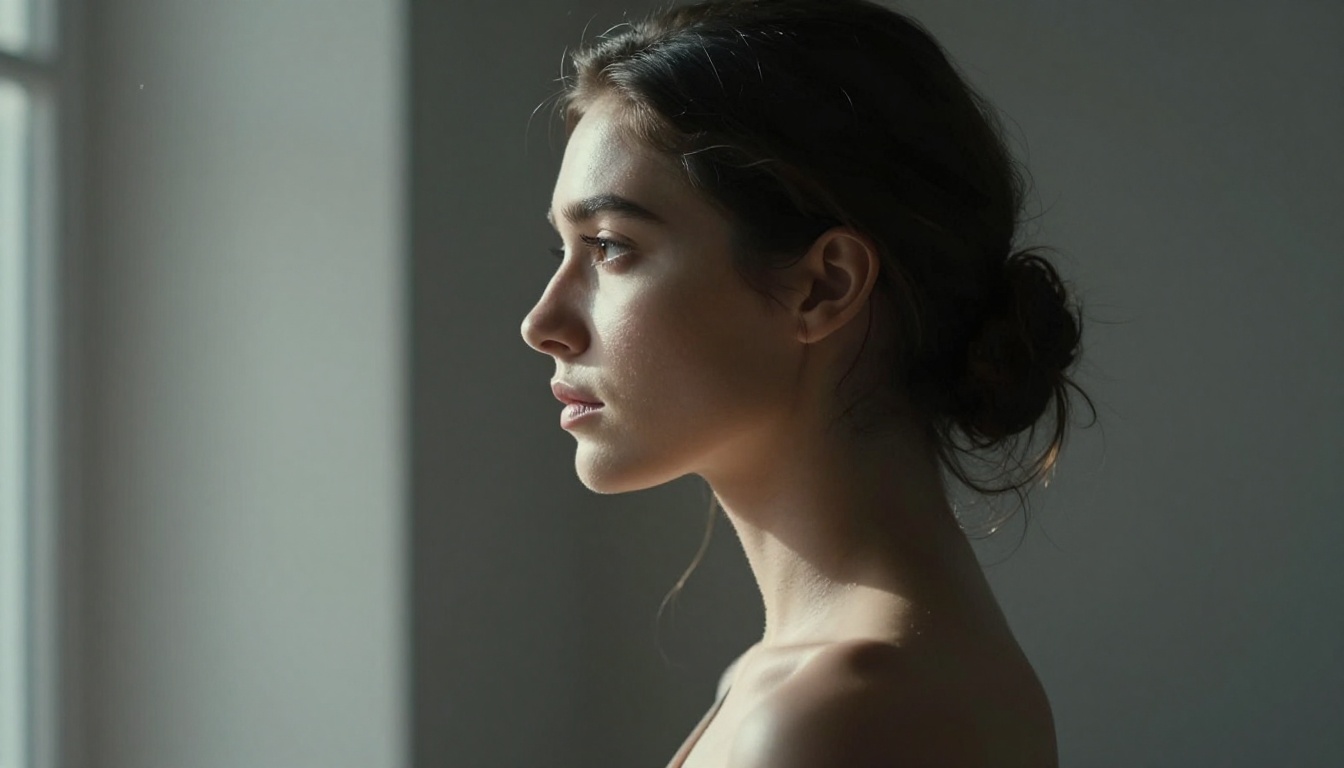 Side profile portrait with dramatic chiaroscuro lighting demonstrating shadow rendering and skin tone gradients Side profile portrait with dramatic chiaroscuro lighting demonstrating shadow rendering and skin tone gradients