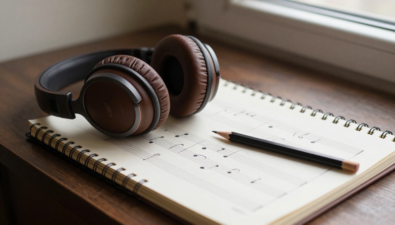 Studio over-ear headphones resting beside a music notation notebook on a dark wooden desk, soft northern window light Studio over-ear headphones resting beside a music notation notebook on a dark wooden desk, soft northern window light