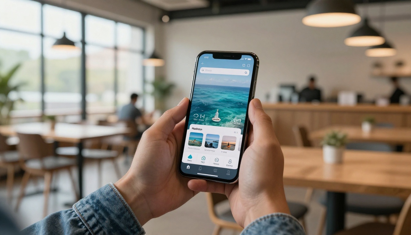 Mobile developer's hands holding a smartphone showing a meditation app, bright modern co-working space background Mobile developer's hands holding a smartphone showing a meditation app, bright modern co-working space background