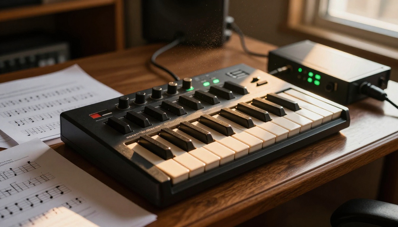 A professional MIDI keyboard on a polished wooden studio desk beside handwritten chord charts and a USB audio interface, golden afternoon light A professional MIDI keyboard on a polished wooden studio desk beside handwritten chord charts and a USB audio interface, golden afternoon light