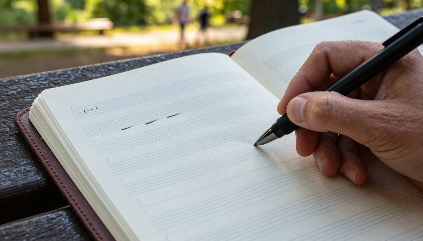 A hand writing music notation in a leather sketchbook placed on a sunlit outdoor park bench, blurred green trees in the background A hand writing music notation in a leather sketchbook placed on a sunlit outdoor park bench, blurred green trees in the background