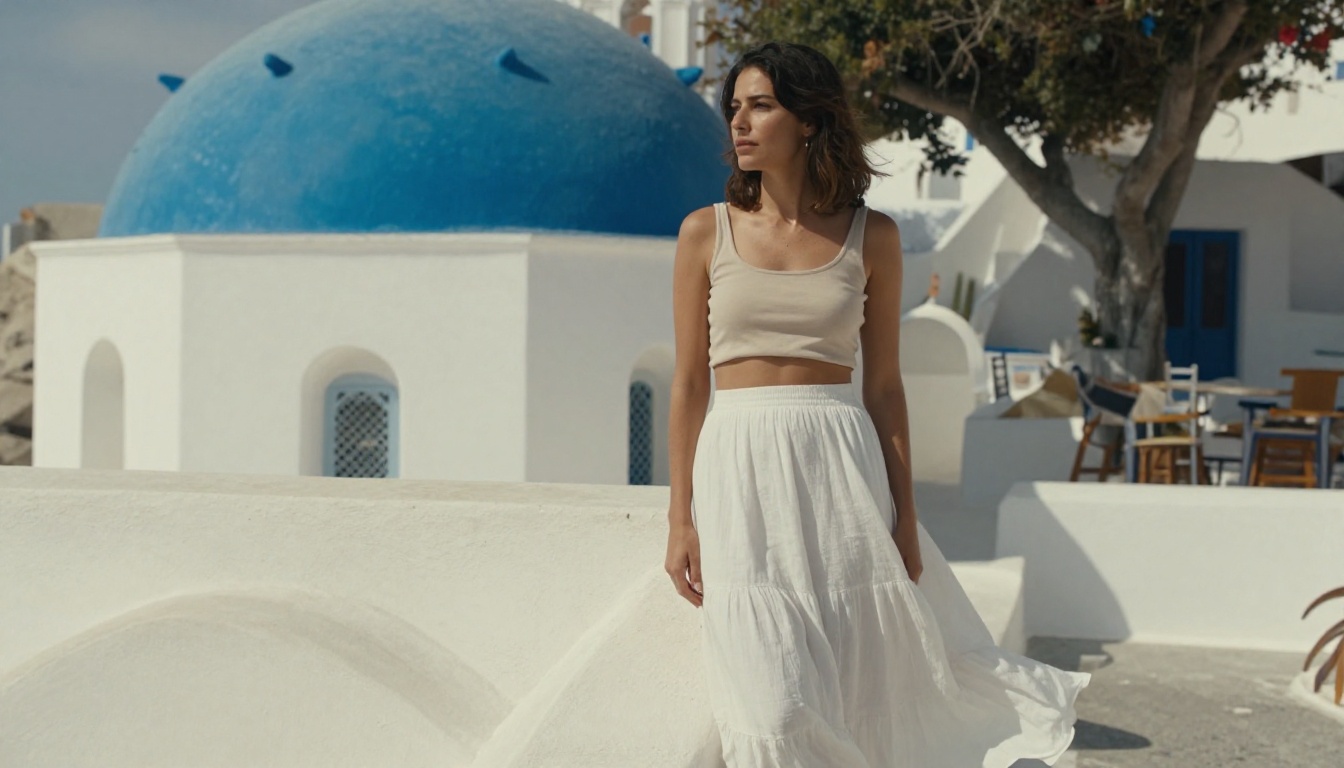 Woman in sun-drenched Santorini courtyard, white linen skirt, cropped beige top, whitewashed blue-domed wall, Mediterranean morning light, Fuji Pro 400H film simulation