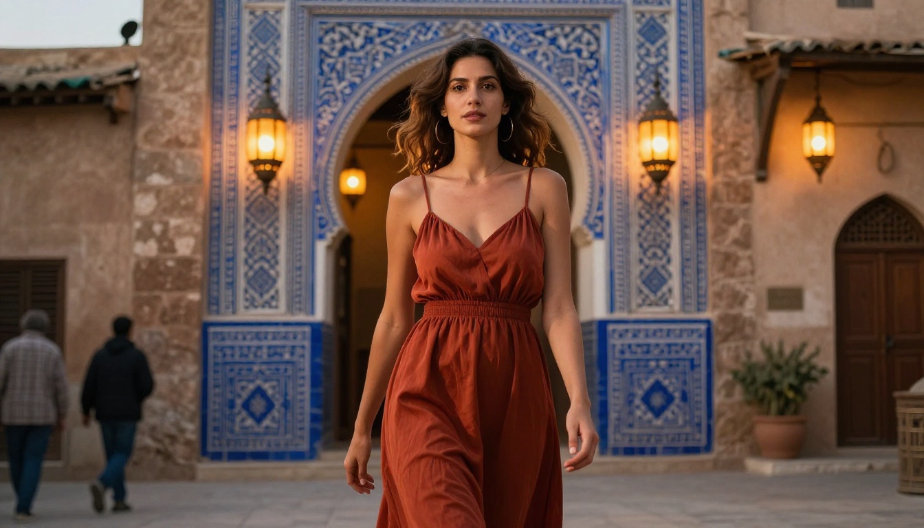 Candid woman walking through Moroccan medina at golden hour, terracotta spaghetti-strap maxi dress, blue and white tilework background with amber lanterns, 35mm lens, Kodak Portra 400 warm rendering