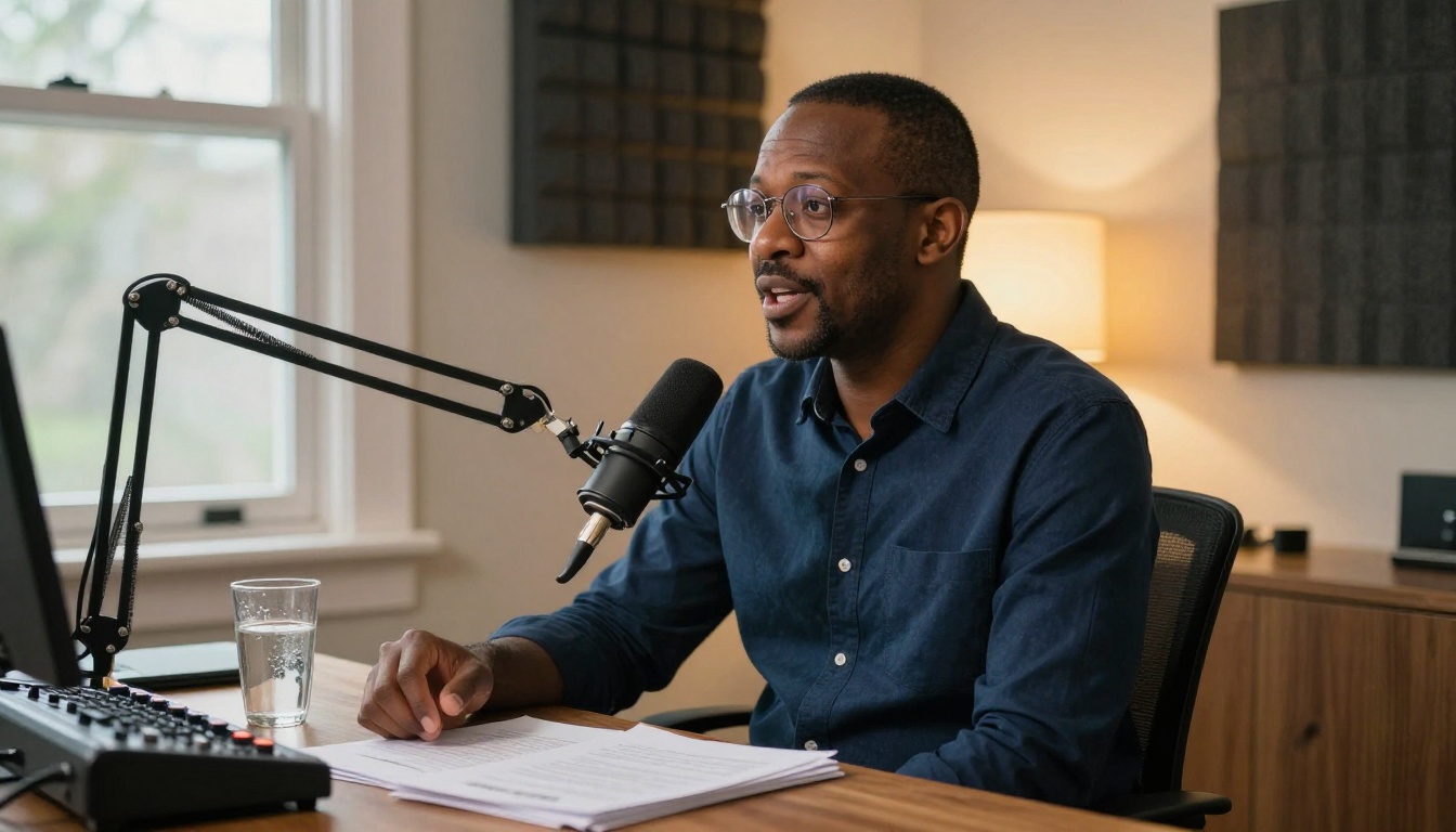 Podcaster recording at a professional arm-mounted microphone in a warmly lit home office setup