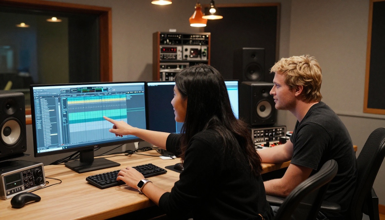 Two music producers collaborating at a professional studio workstation with dual monitors