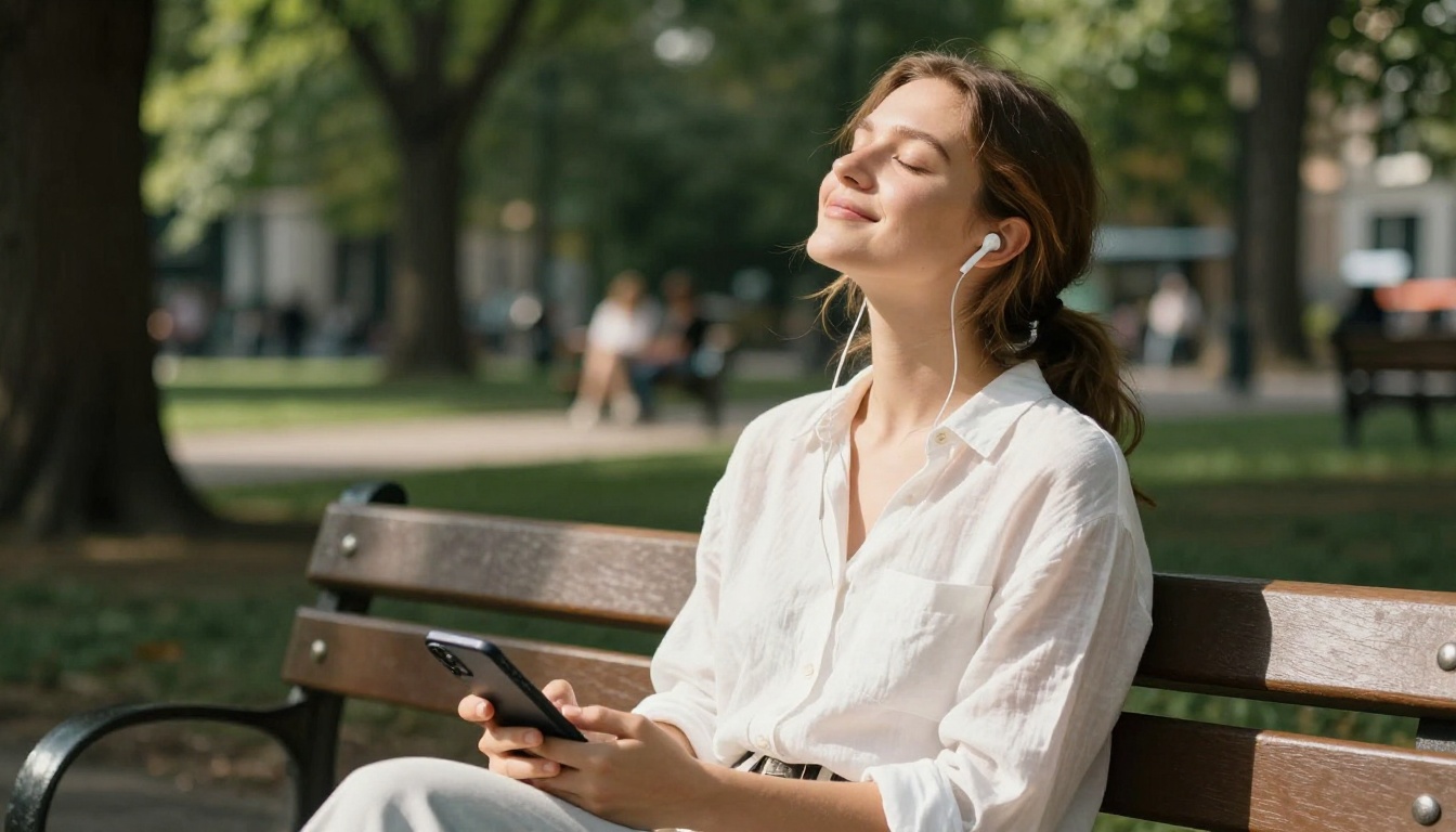Young woman with wireless earbuds sitting in a sun-dappled park with eyes closed, enjoying music