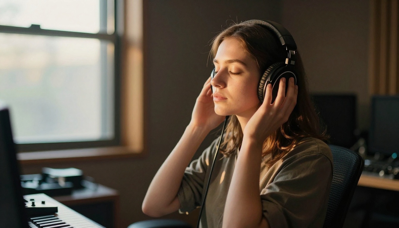 Female musician in studio deeply focused on listening to audio output