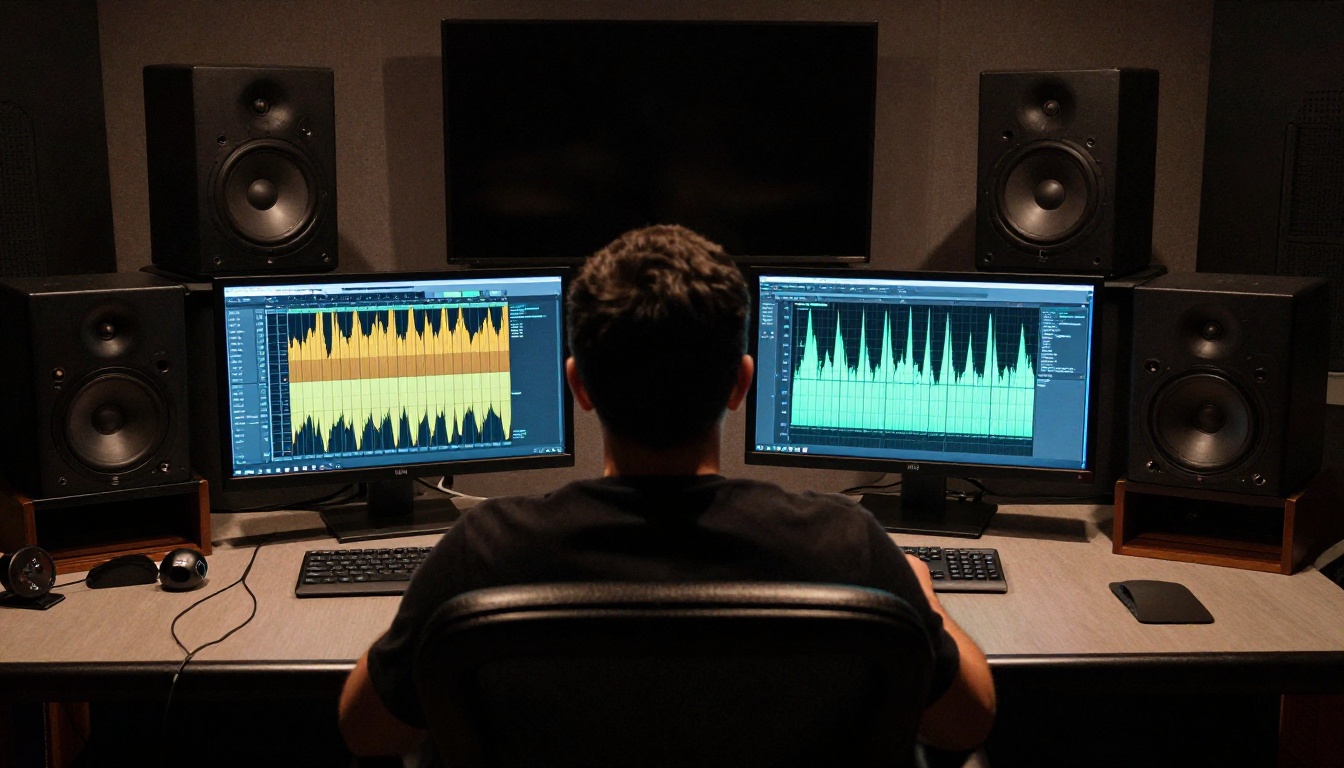 Music producer comparing AI music tools on studio monitors