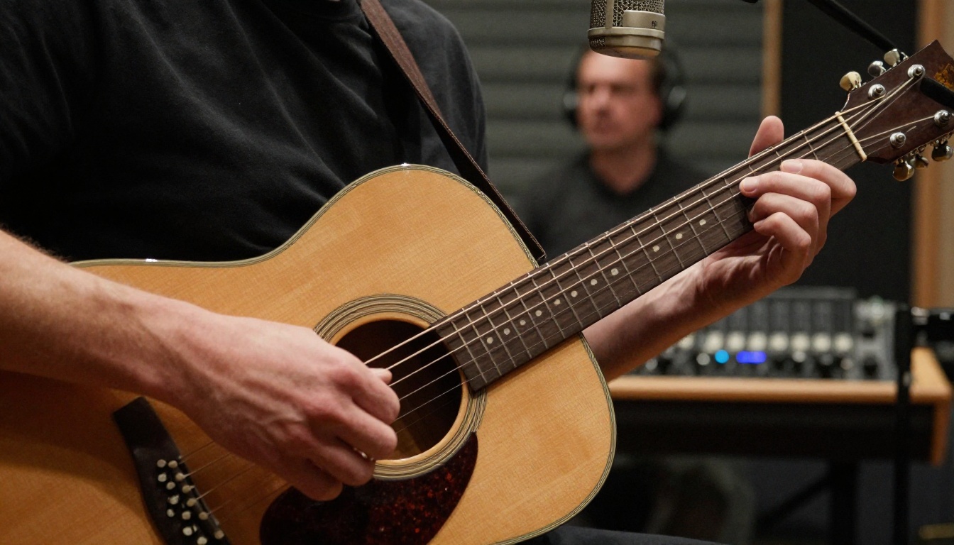 Acoustic guitar recording session in professional studio booth Acoustic guitar recording session in professional studio booth