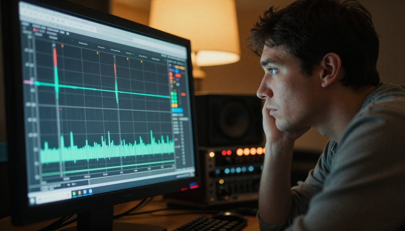 Audio engineer at studio comparing different AI music generation outputs Audio engineer at studio comparing different AI music generation outputs