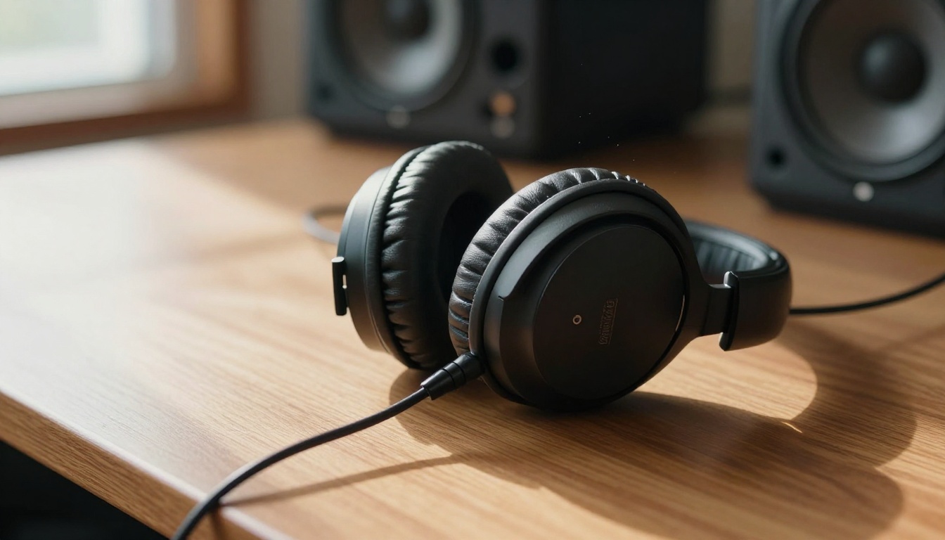 Studio headphones resting on wooden mixing desk in professional environment