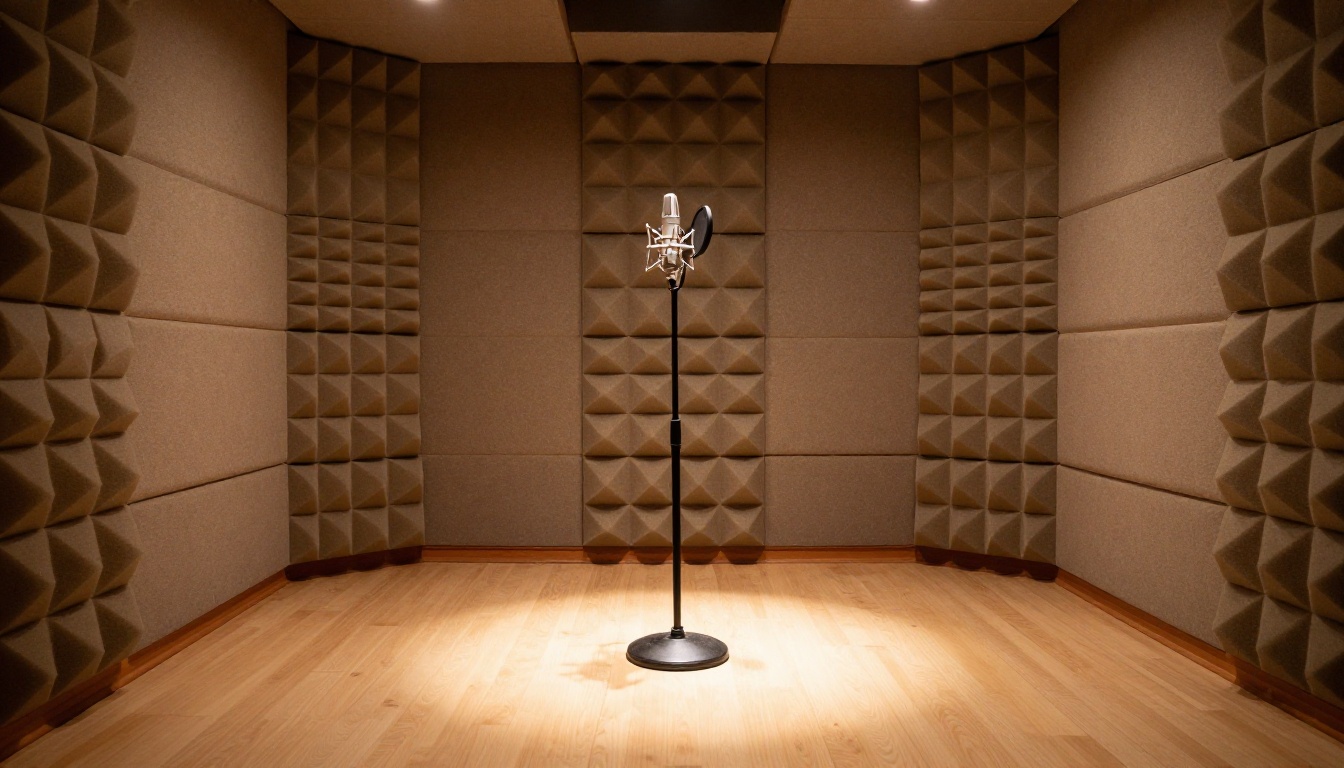 Professional vocal recording booth interior with acoustic treatment Professional vocal recording booth interior with acoustic treatment