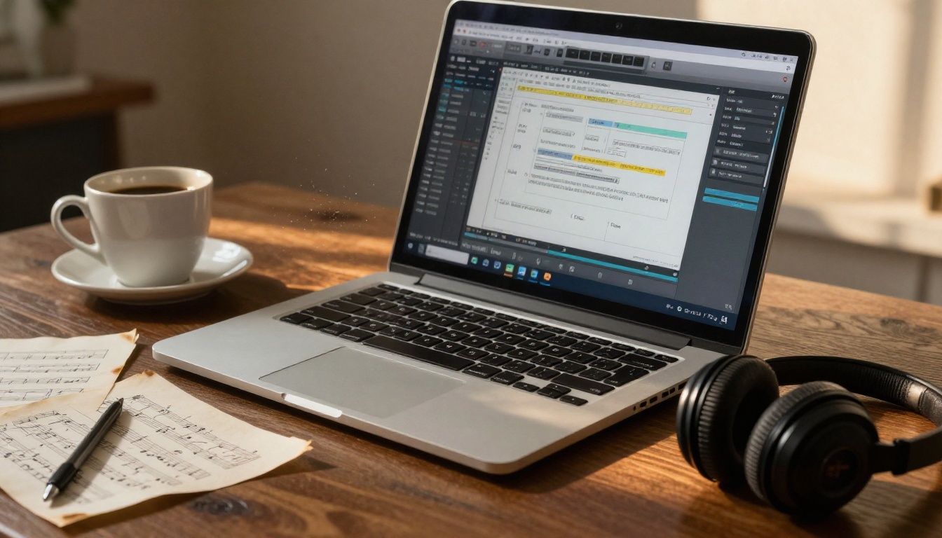 Audio engineer at laptop with digital audio workstation open in studio