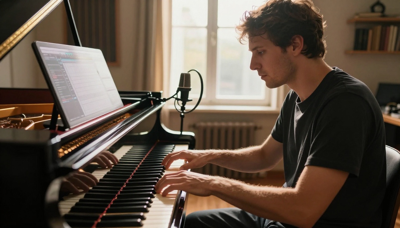 Professional pianist composing with AI recording tools in sunlit home studio Professional pianist composing with AI recording tools in sunlit home studio