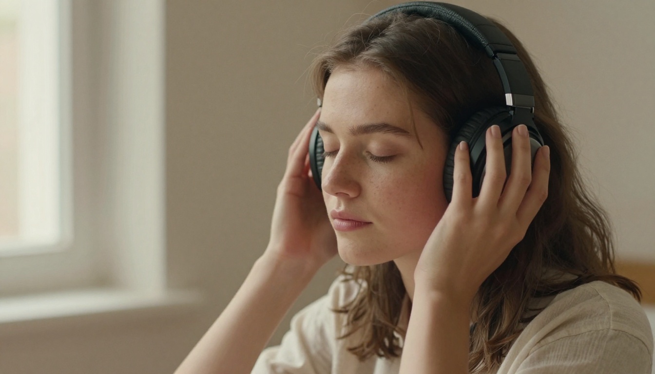 Young woman with over-ear headphones listening intently near a window in warm afternoon daylight Young woman with over-ear headphones listening intently near a window in warm afternoon daylight
