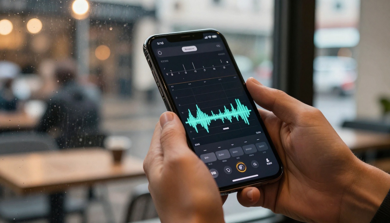 Hands holding a smartphone displaying a clean audio waveform UI in a warm coffee shop setting Hands holding a smartphone displaying a clean audio waveform UI in a warm coffee shop setting