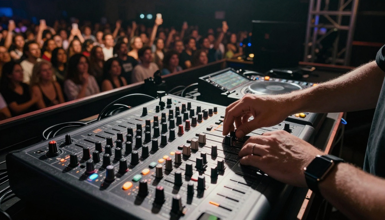 Professional DJ behind a large mixing setup on stage, low-angle shot from in front of the console Professional DJ behind a large mixing setup on stage, low-angle shot from in front of the console