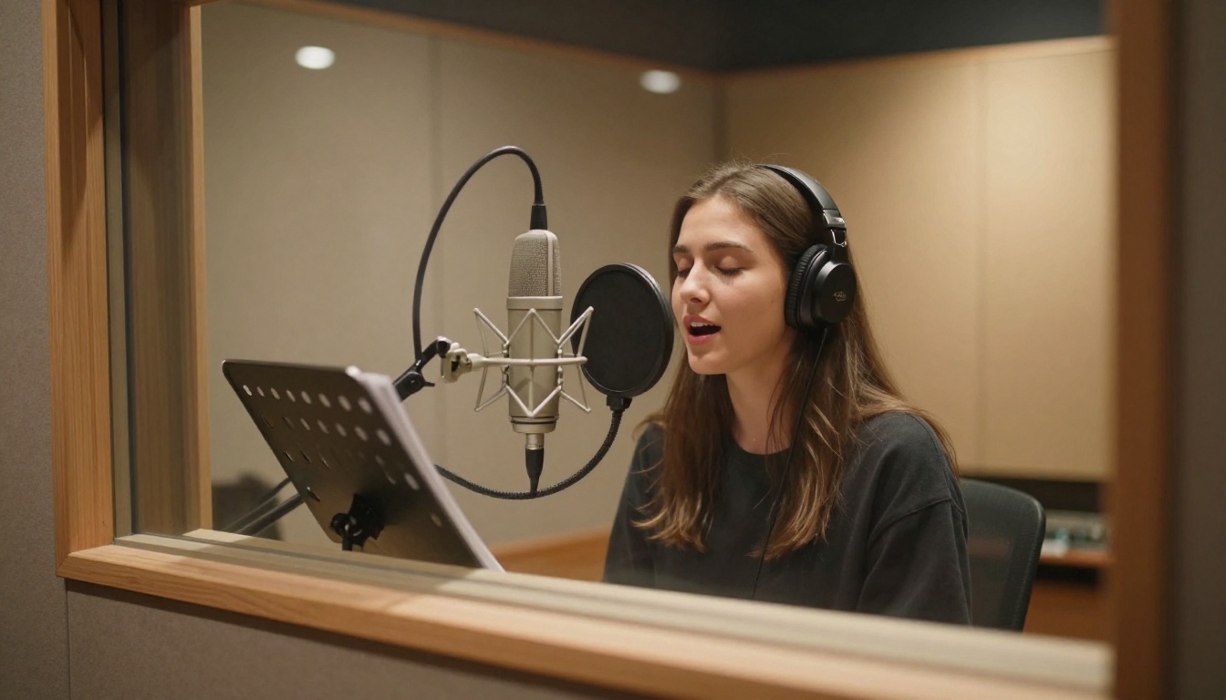 Young woman singing into a professional condenser microphone in a recording booth, seen through control room glass Young woman singing into a professional condenser microphone in a recording booth, seen through control room glass