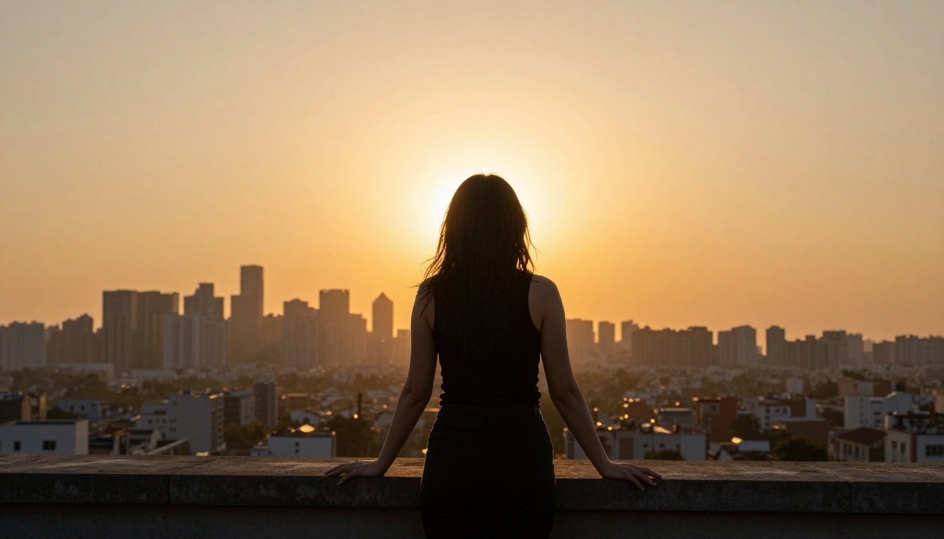 A woman standing on a rooftop terrace at golden hour, city skyline in warm amber haze behind her, strong rim light around her silhouette