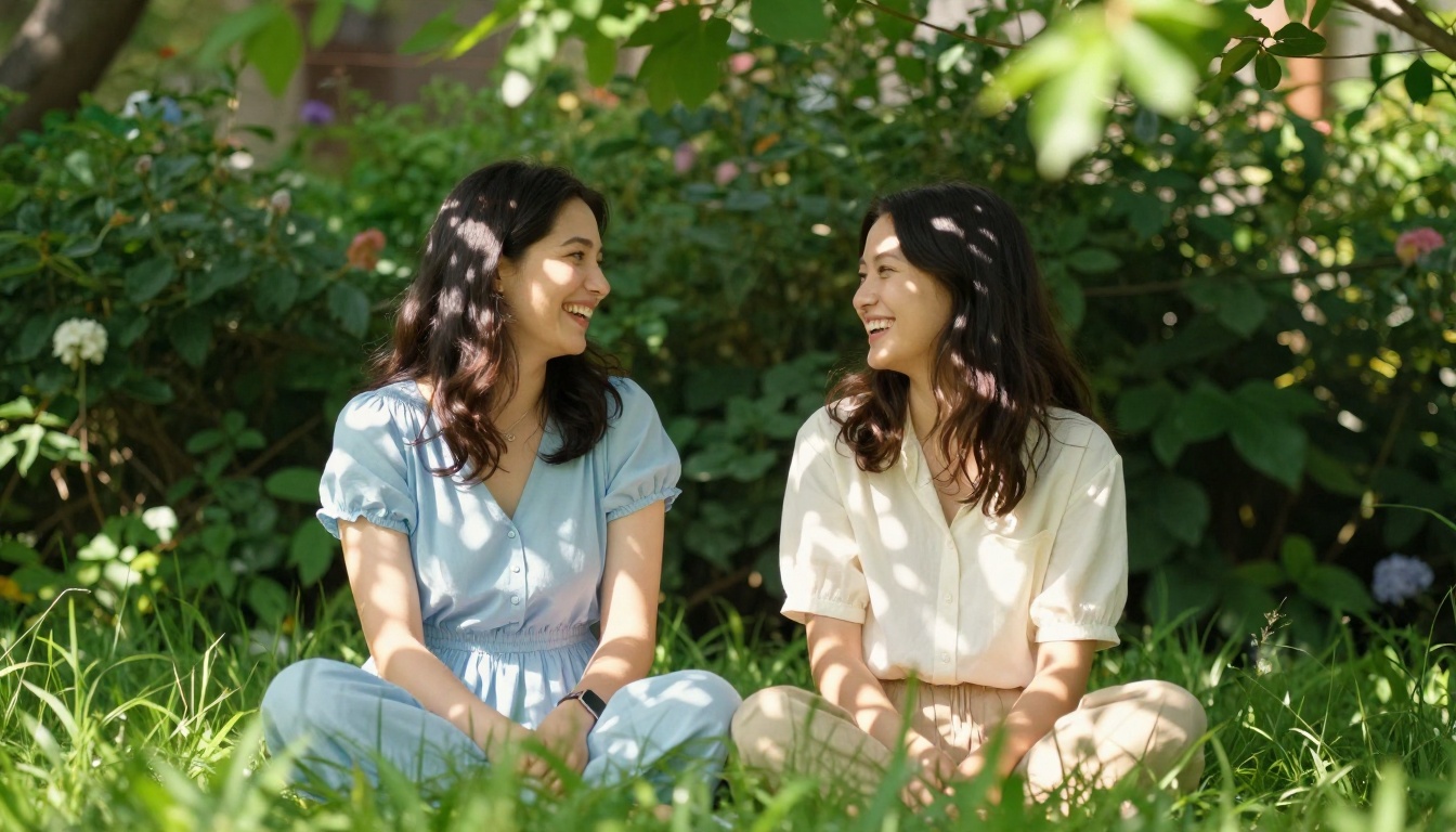Two women in a lush summer garden, dappled sunlight filtering through green canopy creating shifting patterns on skin and clothing