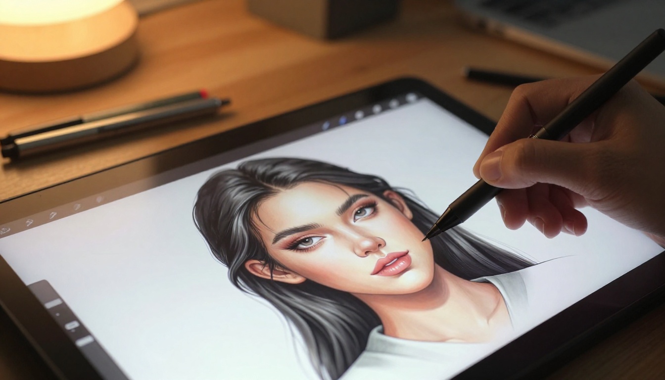 Close-up of a digital drawing tablet showing a character portrait in progress, stylus pen resting on the display, warm desk lamp glow