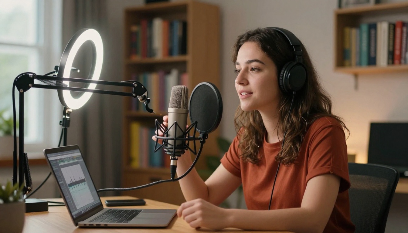 Female content creator recording podcast with condenser microphone at home studio desk with bookshelves