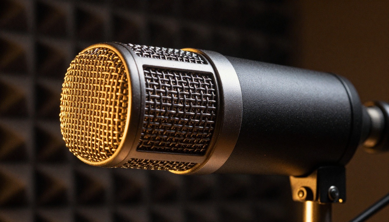 Extreme close-up of condenser studio microphone with amber key light against dark acoustic foam