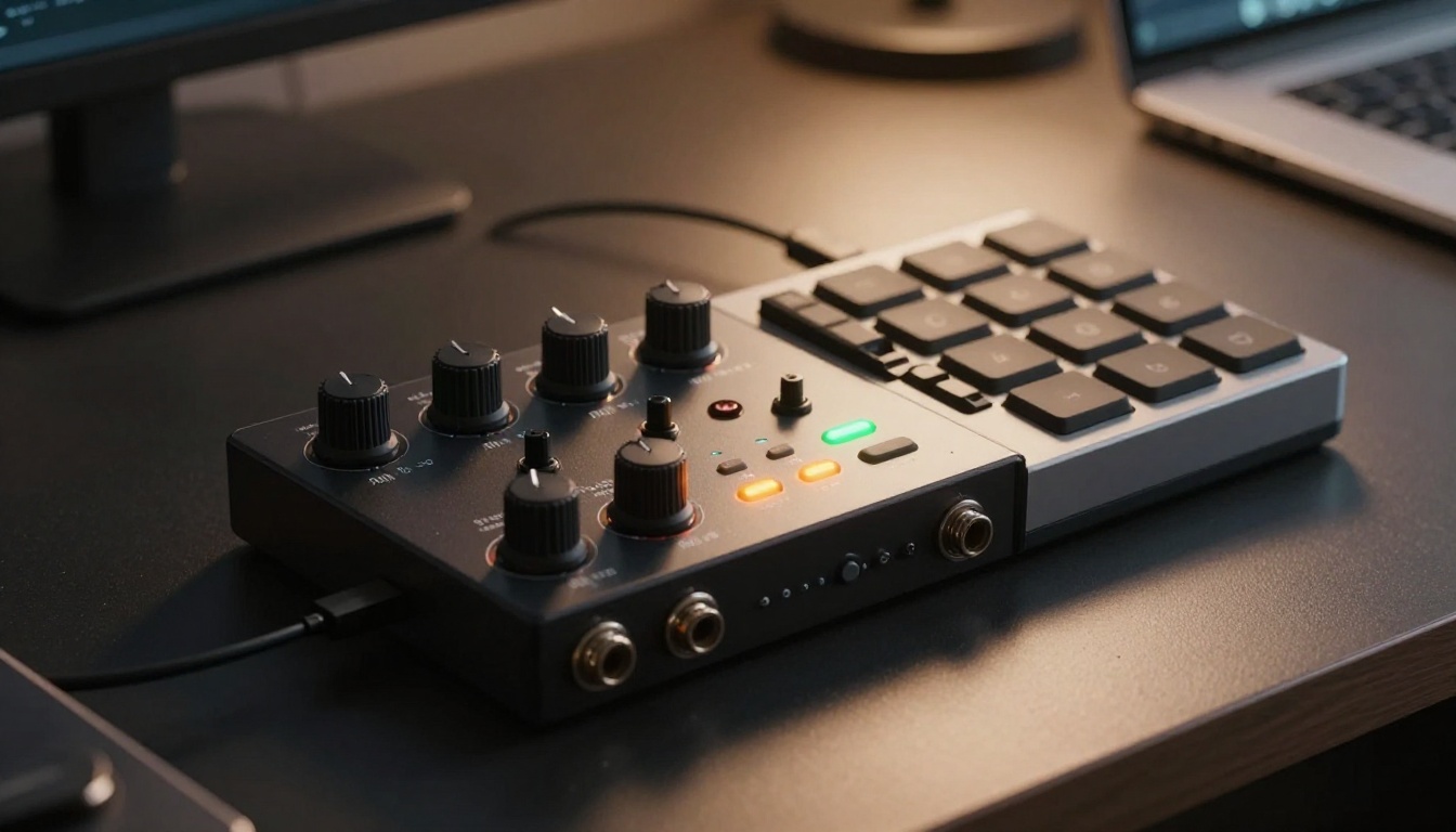Audio interface and MIDI controller on a studio desk with amber indicator lights Audio interface and MIDI controller on a studio desk with amber indicator lights