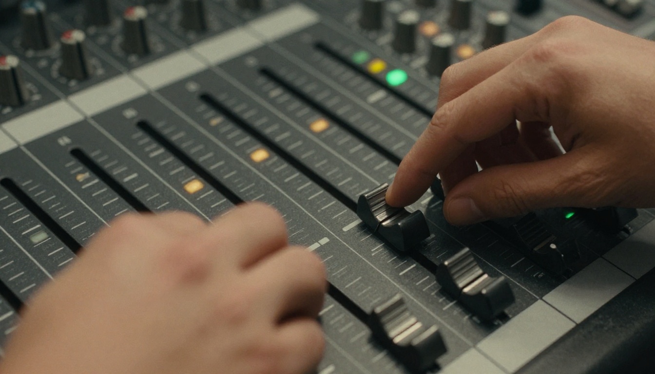 Hands adjusting multiple faders on a professional mixing board Hands adjusting multiple faders on a professional mixing board