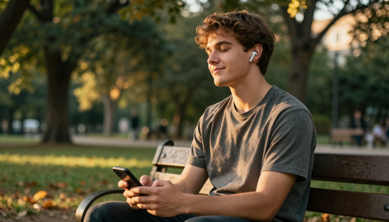 Young man with wireless earbuds sitting on park bench eyes closed in warm golden afternoon sunlight