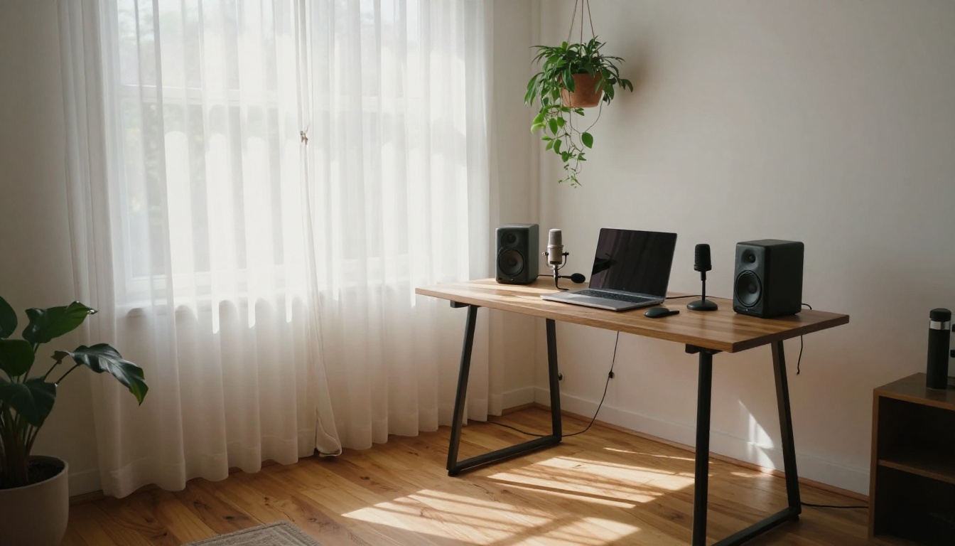 Cozy home studio setup with morning light through sheer window curtains Cozy home studio setup with morning light through sheer window curtains