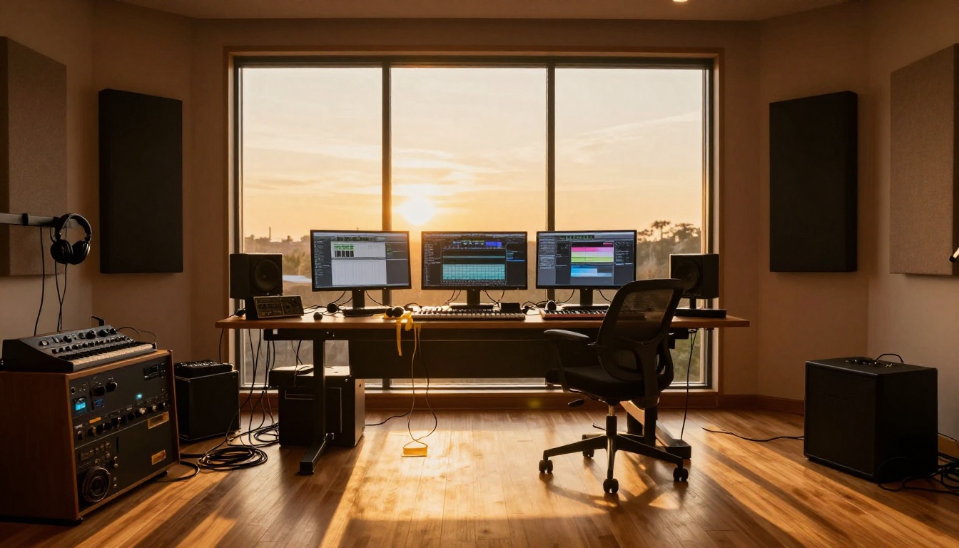 Wide golden hour view of full professional home recording studio setup with dual monitors and MIDI keyboard