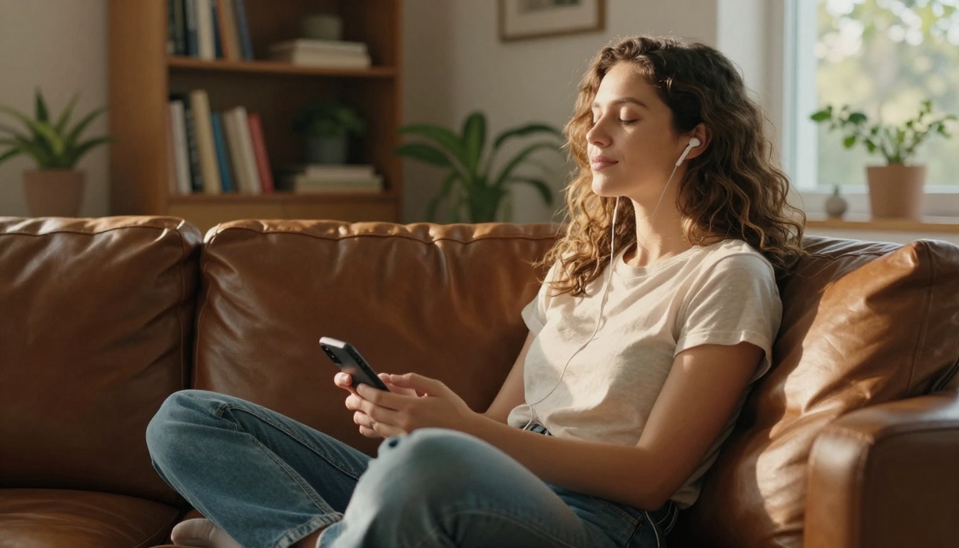 Woman listening to podcast with earbuds on a leather sofa in warm afternoon light Woman listening to podcast with earbuds on a leather sofa in warm afternoon light