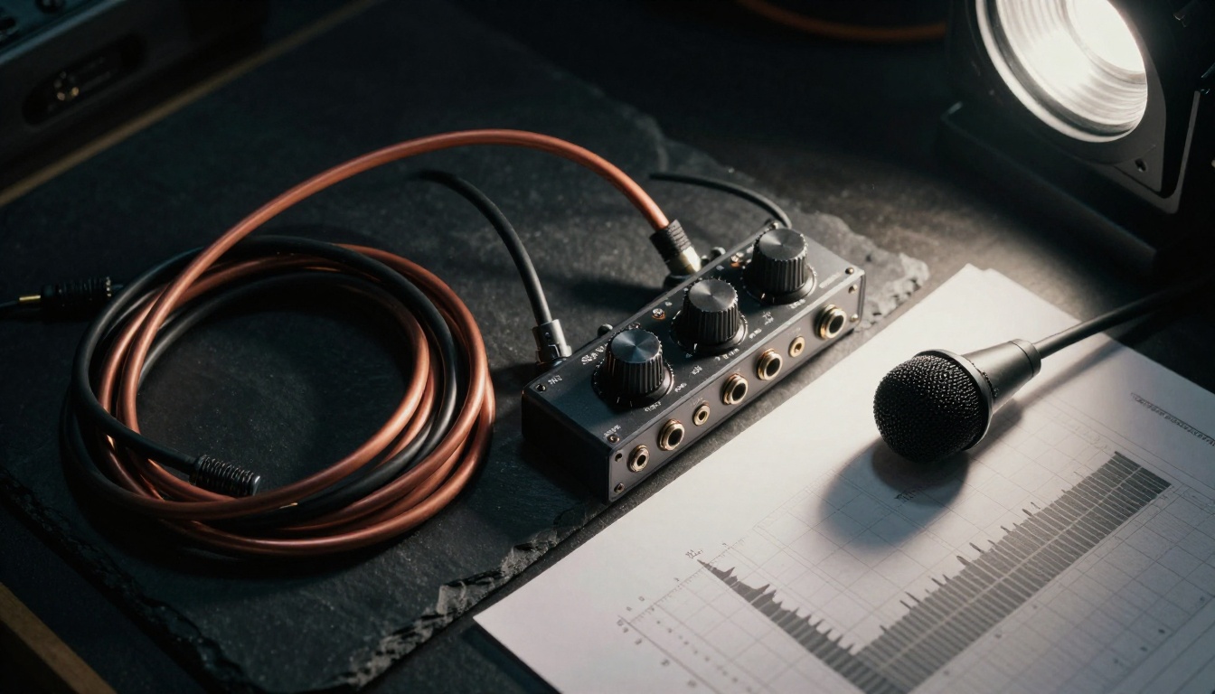 Overhead shot of audio recording equipment and cables
