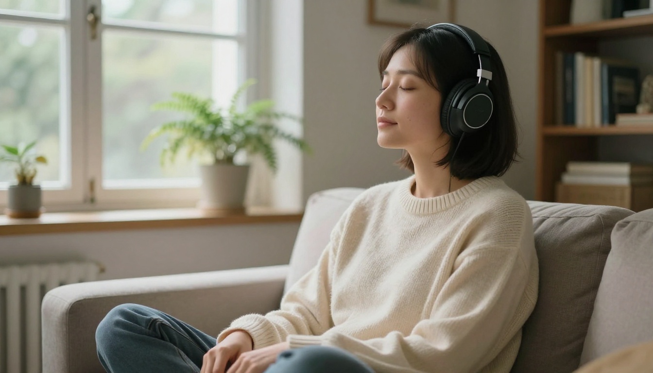 Person with headphones listening on sofa by window