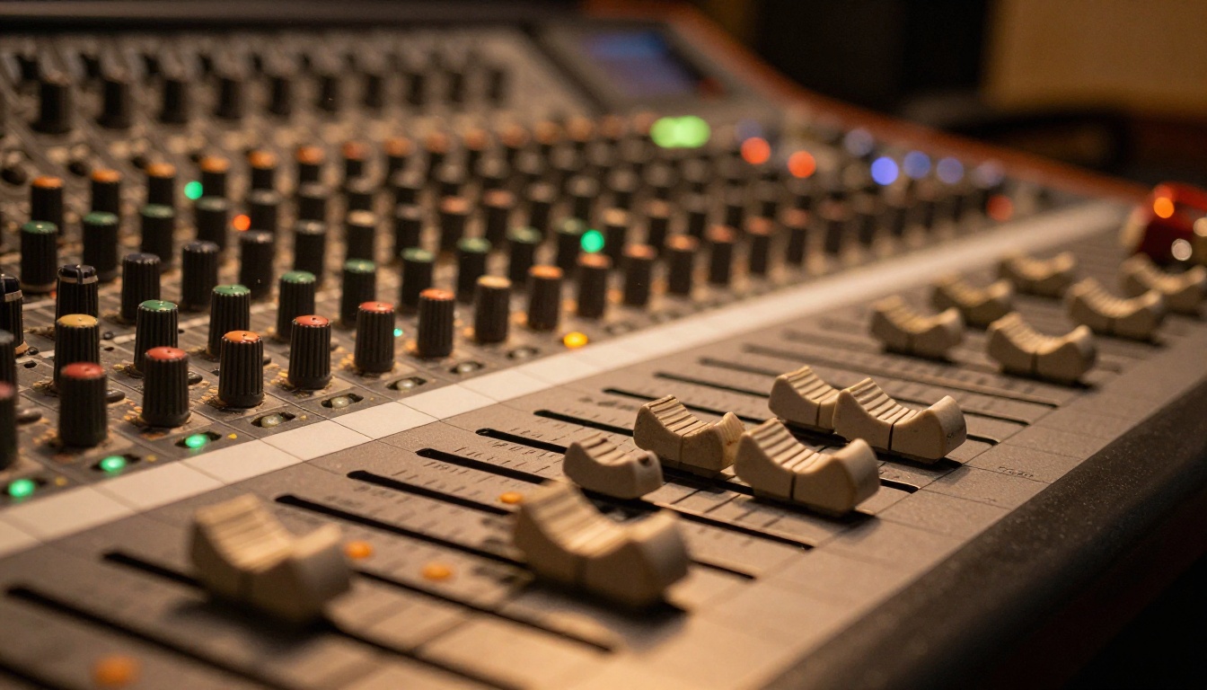 Mixing console with amber studio lighting