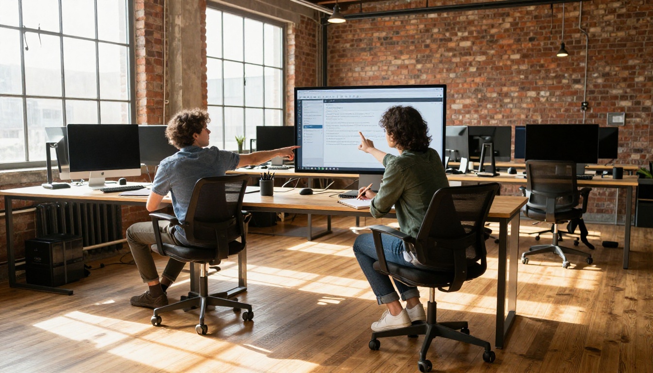 Two creators collaborating at AI audio workstation