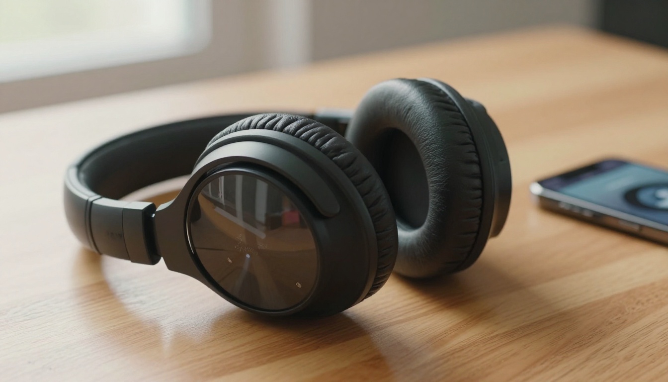 Professional studio headphones resting on birch wood desk with phone showing waveform